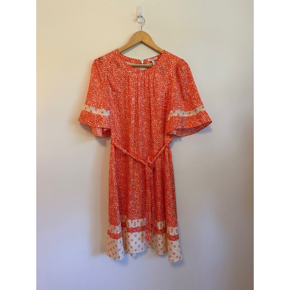 Rebecca Taylor Orange and White Silk Blend Floral Flutter Sleeve Dress | Size 10